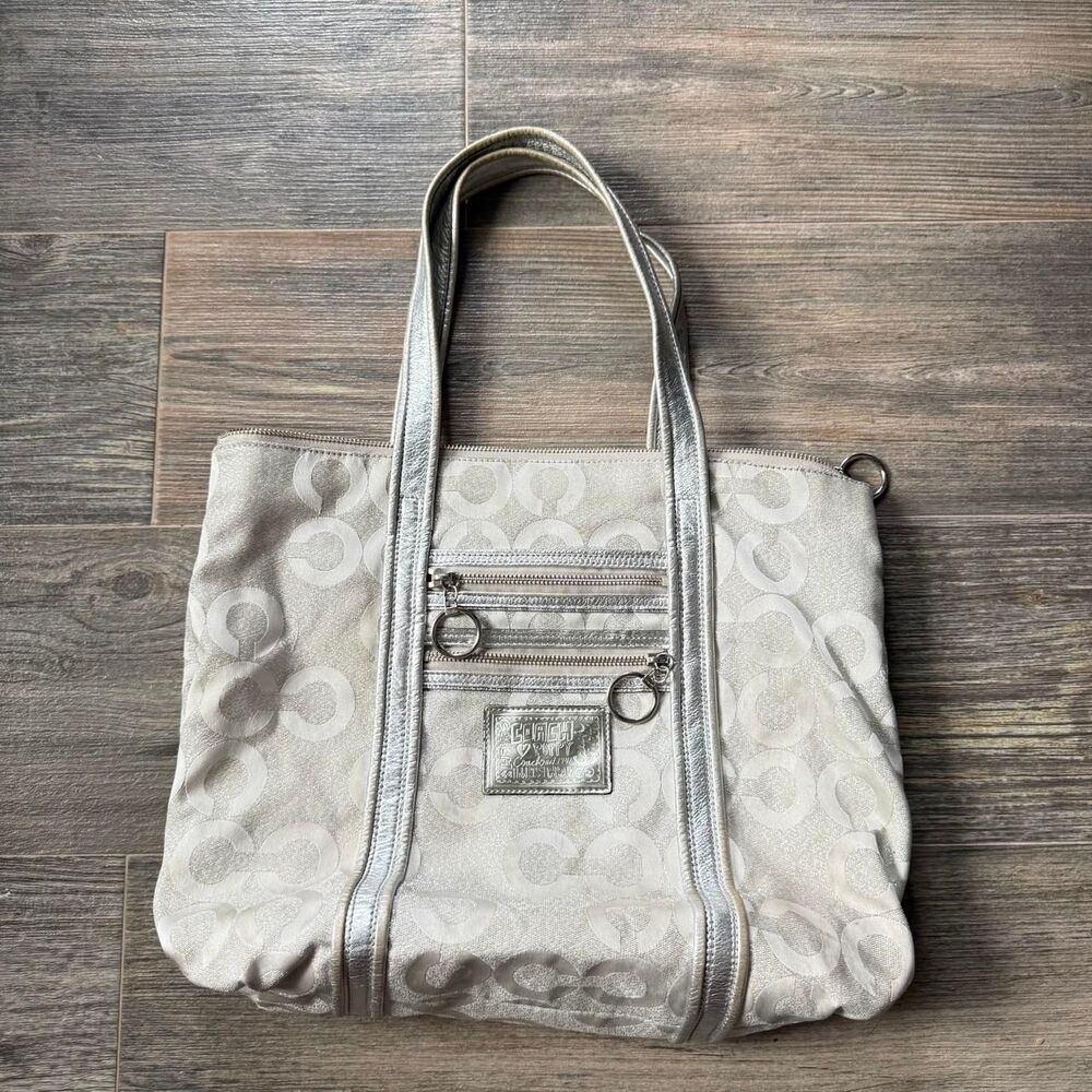 Coach Poppy Signature Metallic Silver Jacquard Glam Tote shoulder bag